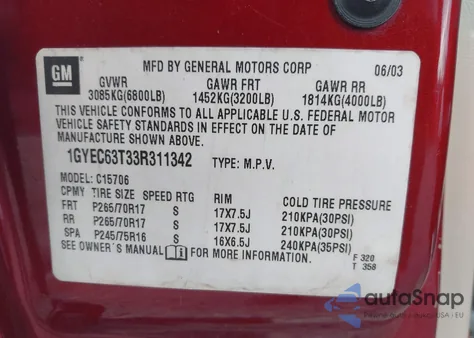 2003 Cadillac Escalade Standard z USA, uszkodzony, nr VIN 1GYEC63T33R311342